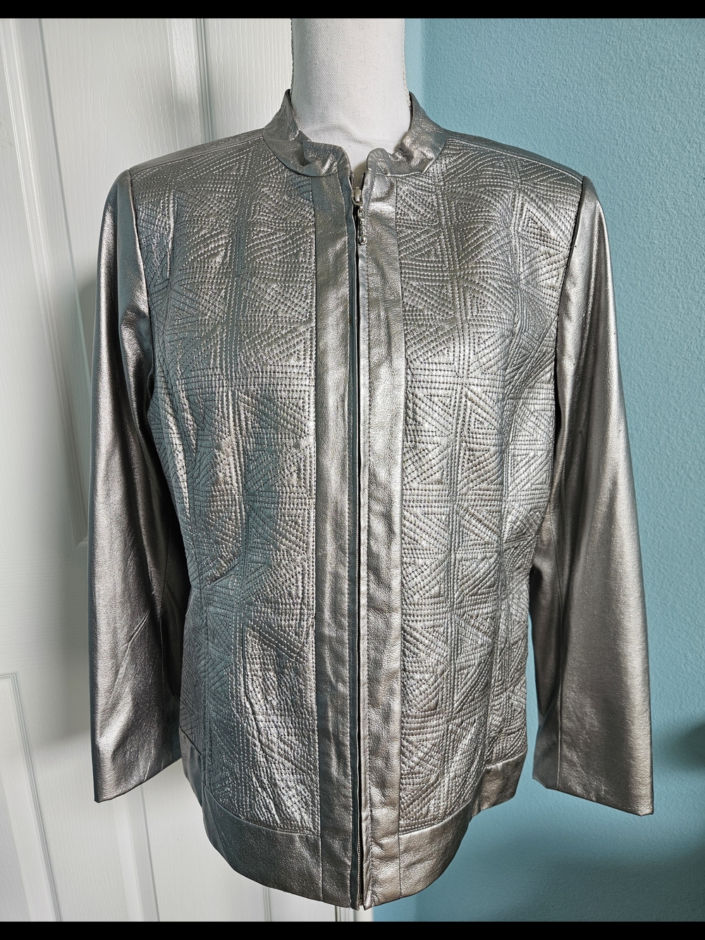 Metallic Silver Quilted Zip-Front Jacket